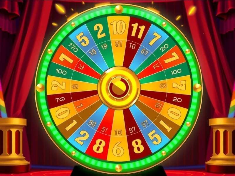 Close-up of a colorful game show wheel in motion