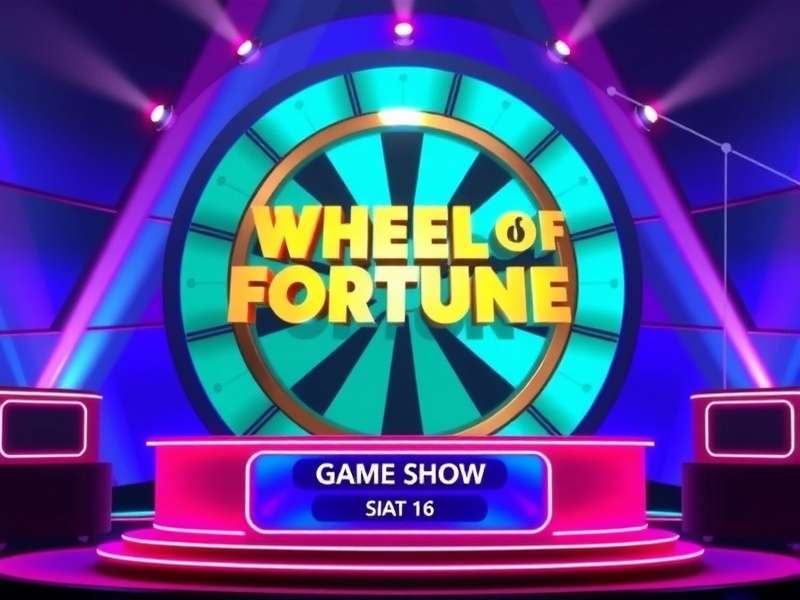 The iconic Wheel of Fortune set with contestants, Pat Sajak, and Vanna White