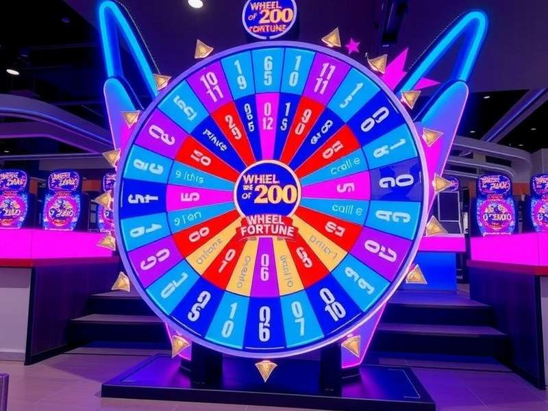 A colorful spinning wheel of fortune with various prizes and values