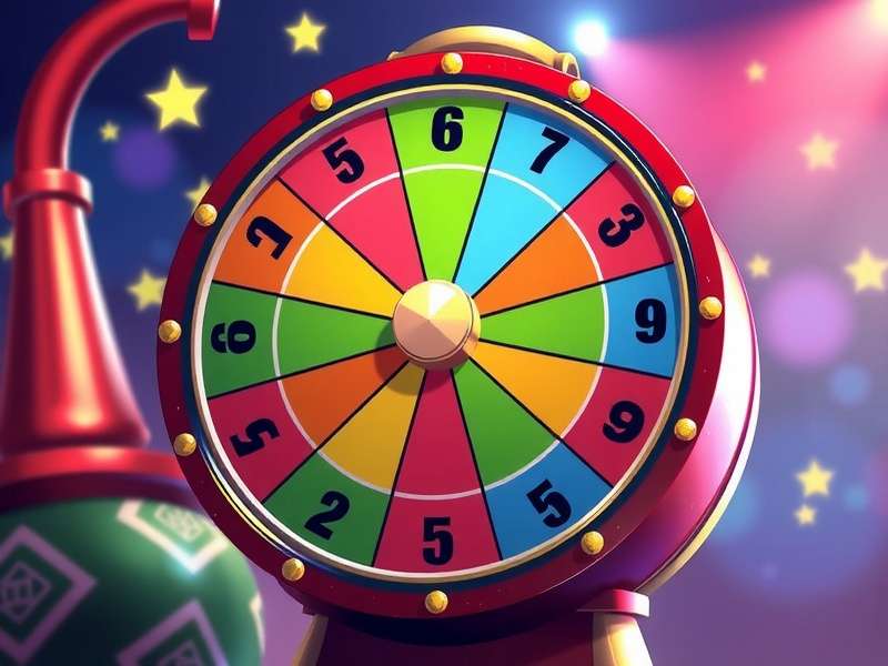 Close-up of a colorful game show spinner wheel with dollar amounts and bankrupt sections