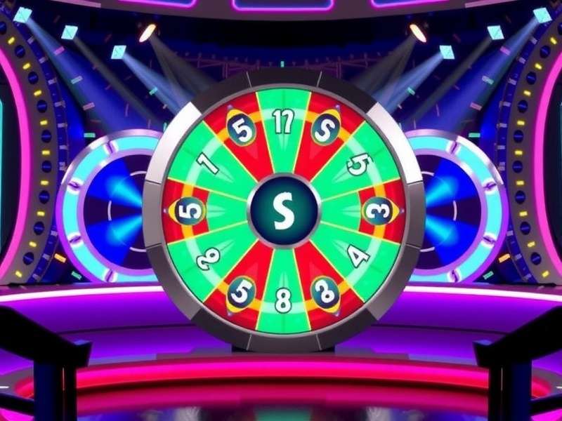 Wheel of Fortune game show stage with the iconic wheel and puzzle board illuminated by studio lights